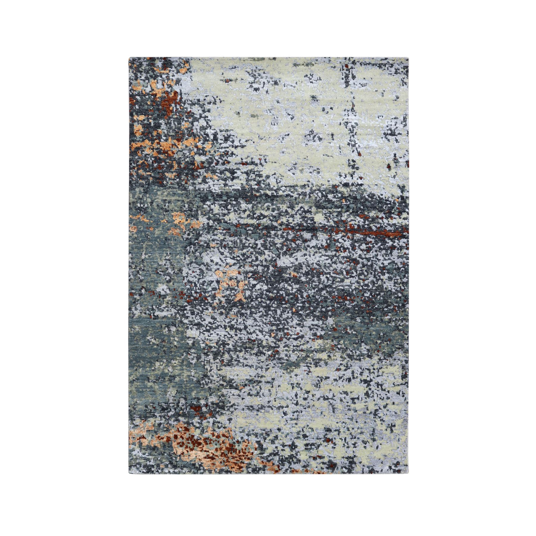 Charcoal Gray with Beige, Persian Knot, Abstract with Galaxy Design, 100% Wool, Hand Knotted, Densely Woven, Oriental Rug